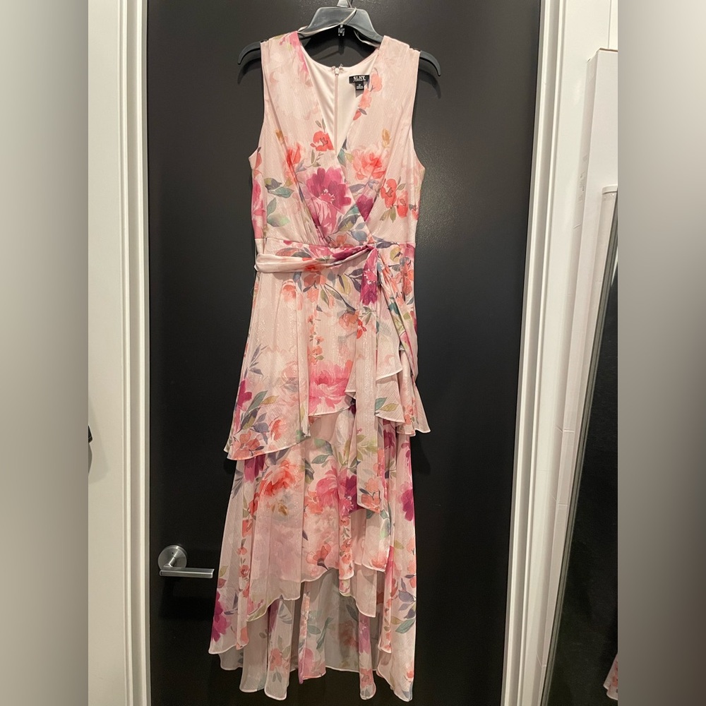 SLNY Floral V-Neck Dress in Pink and Red